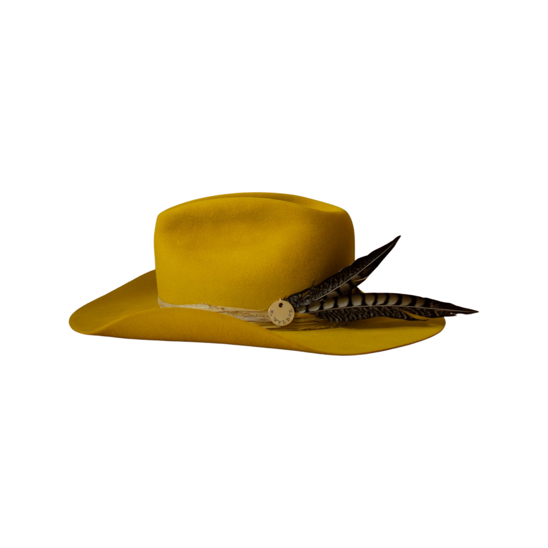 Handmade festival hat by Remi Wylder in mustard yellow fur felt